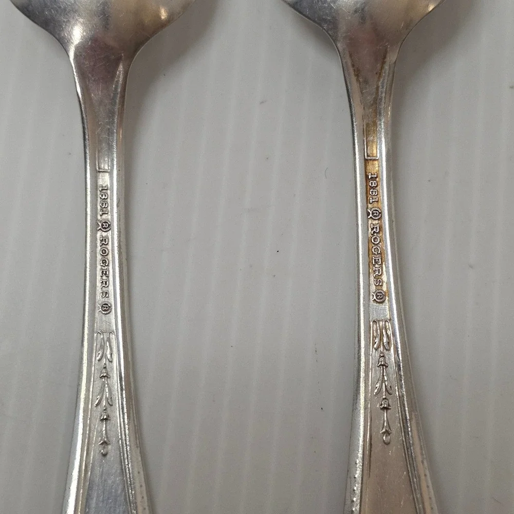 1881 Rogers Silverplate Teaspoons Pair Beaded Scroll Vintage Flatware Silver